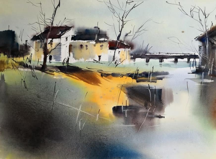 Aquarelle de Cao Bei An : village de pierre et pont au bord de l'eau