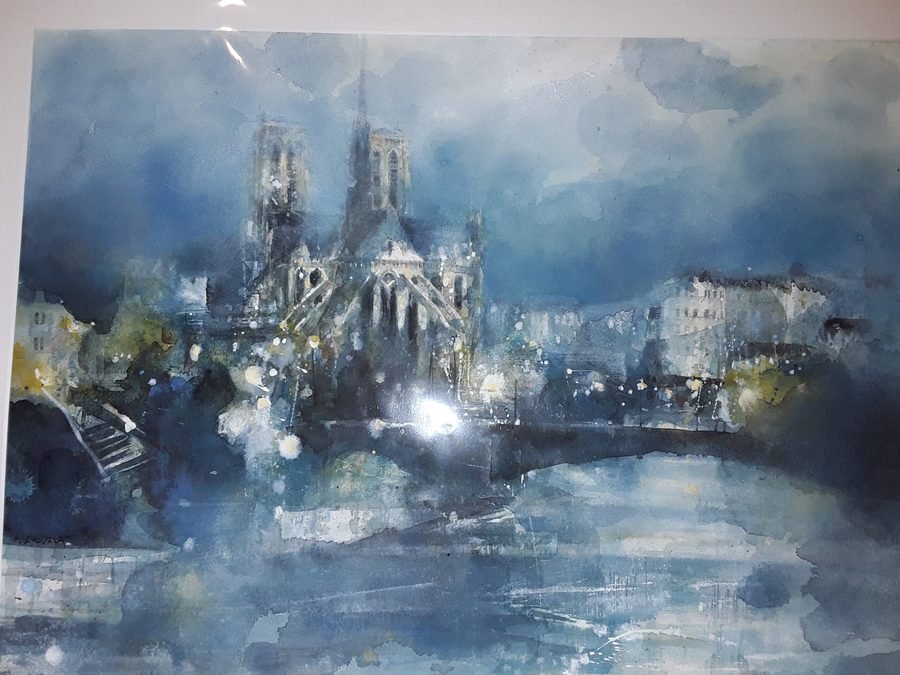 Aquarelle d'Éric Laurent : cathédrale dans une brume bleutée, superpositions de glacis