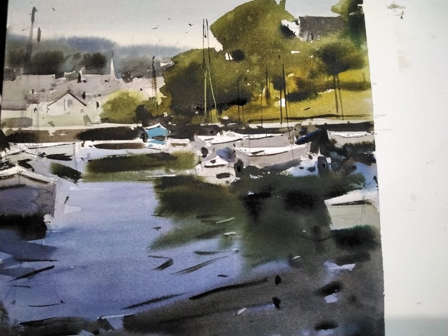 Aquarelle d'Eugen Chisnicean : port et bateaux dans des gris argentés