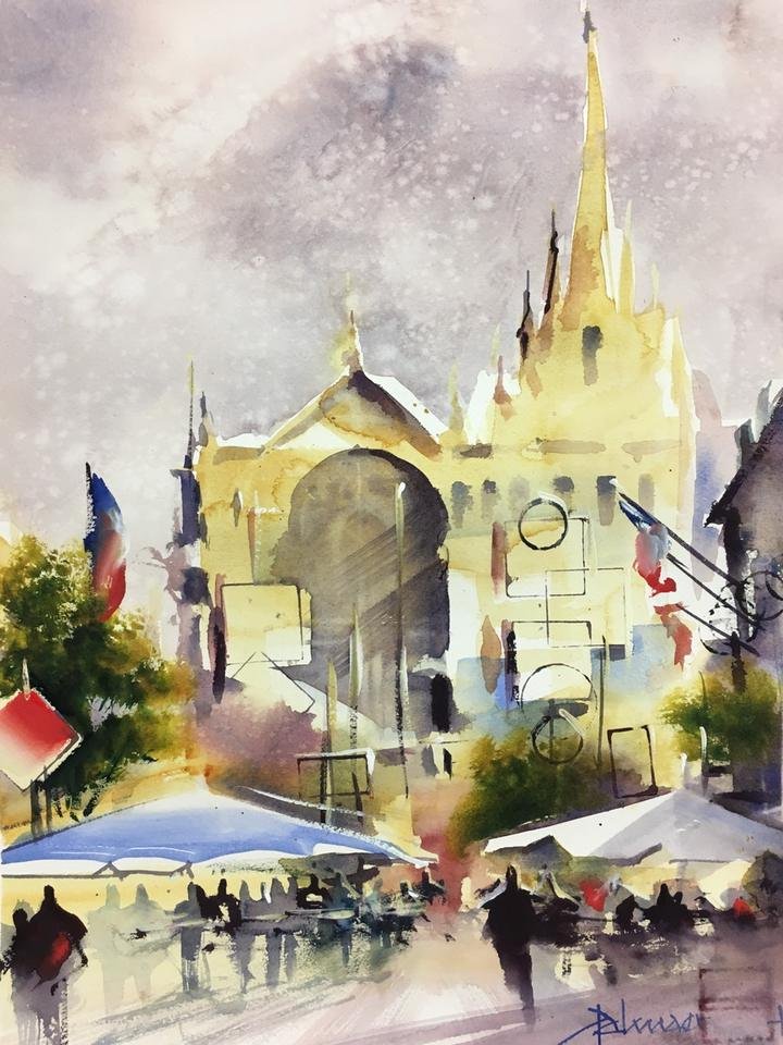 Aquarelle de Roland Palmaerts : édifice religieux doré et place animée