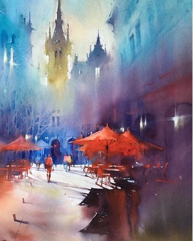 Aquarelle de Viktoria Prischedko : pont éclairé et reflets bleus sur l'eau